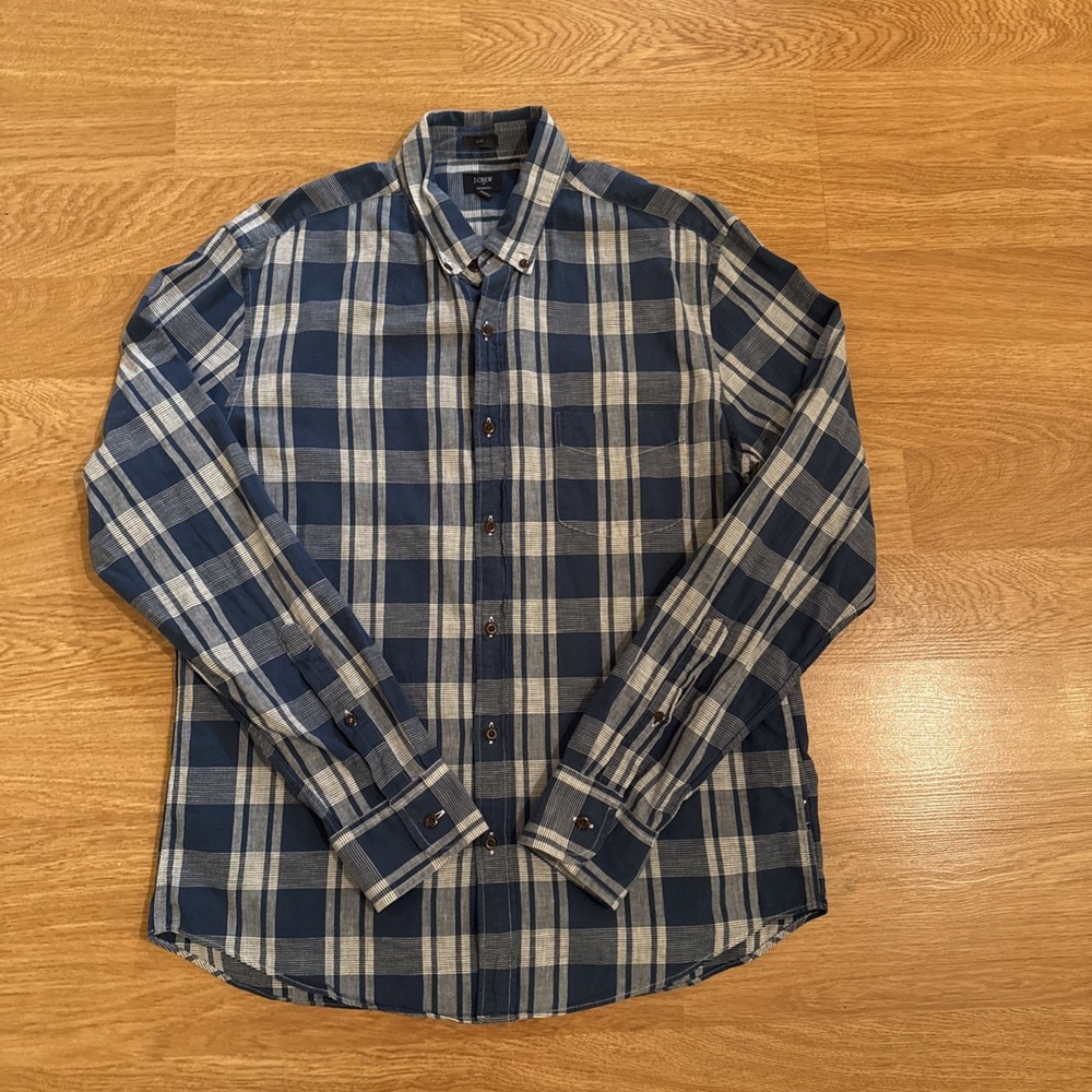 J.Crew Shirt‎ Men's Large Blue Plaid Slim Fit Homespun Button Down Long Sleeve